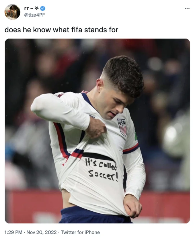 A tweet mocking the 'It's Called Soccer!' celebration by pointing out that the F in FIFA stands for football (Nov 20, 2022).