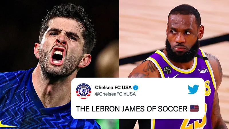 Chelsea FC USA's tweet dubbing Christian Pulisic 'the LeBron James of Soccer', part of the wider Pulisic-as-American-icon meme wave.