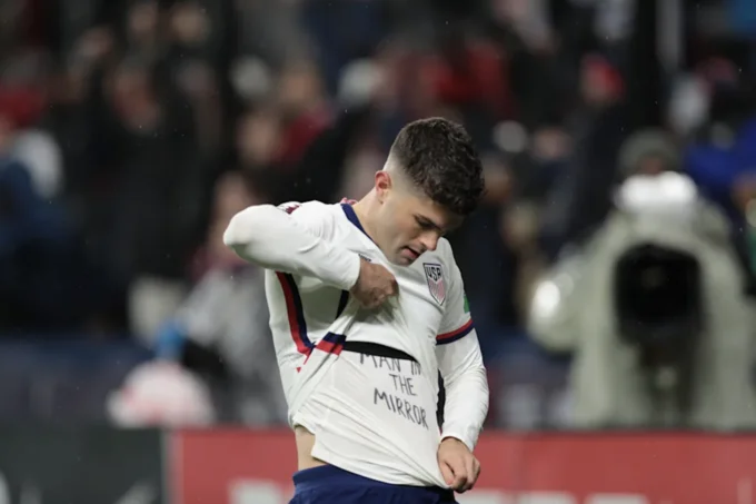 An edited variation of the Pulisic meme swapping the caption for 'Man in the Mirror', a reference to the Michael Jackson song.