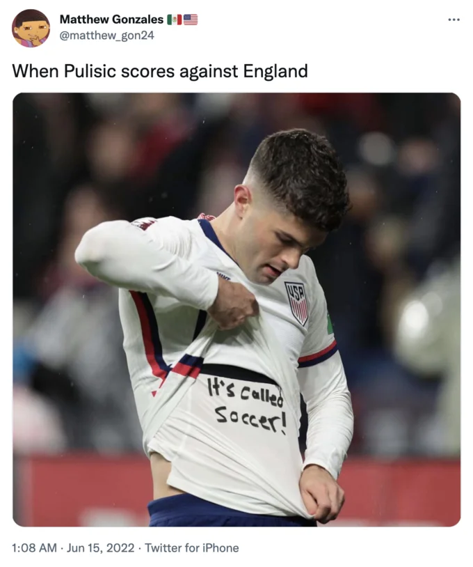 A viral tweet by @matthew_gon24 pairing the Pulisic image with the caption 'When Pulisic scores against England' (June 15, 2022).