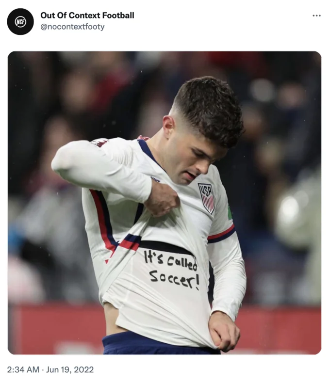 The Out Of Context Football account (@nocontextfooty) reshares the Pulisic photo, helping spread the meme through the football community.