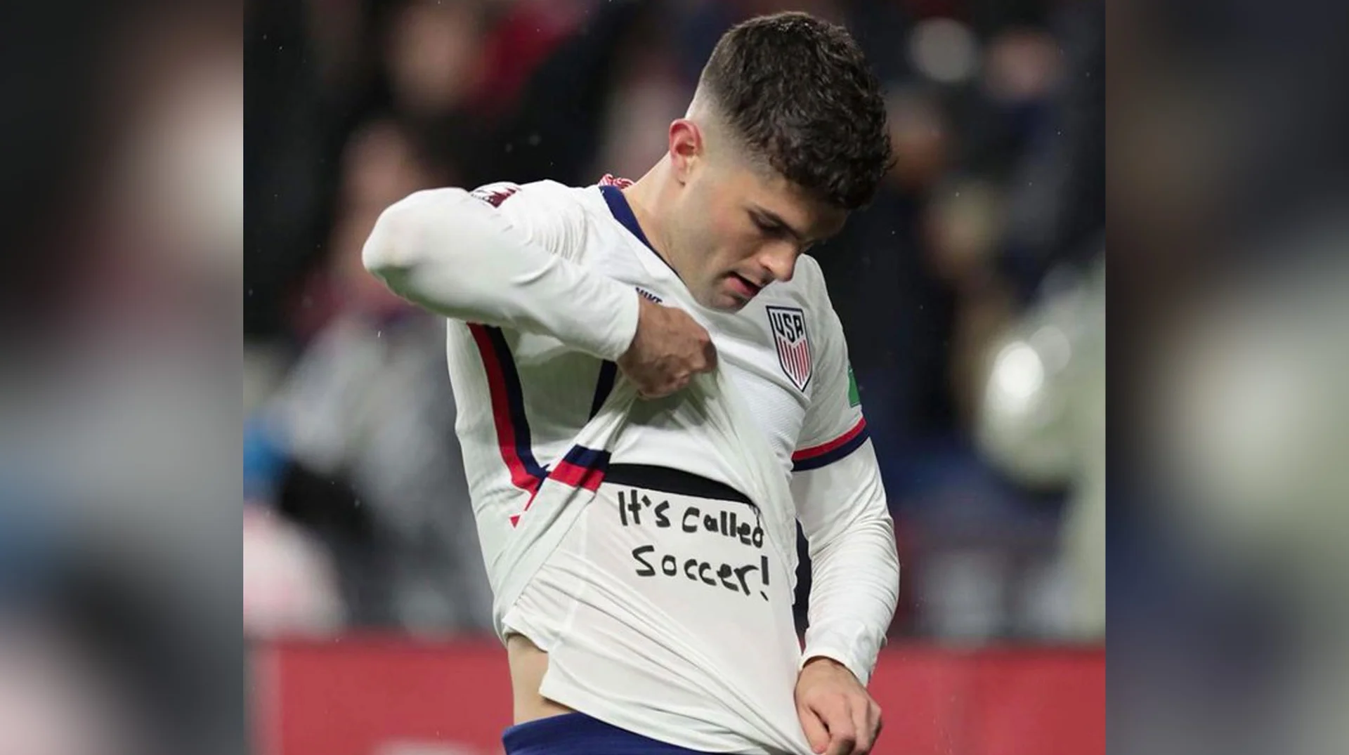 Christian Pulisic reveals his 'It's Called Soccer!' undershirt after scoring for the USMNT — the original photo that launched the meme.