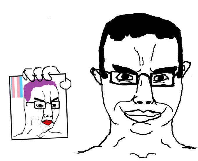 A Chudjak variant used to mock online identity debates, holding a 'made-over' version of himself.