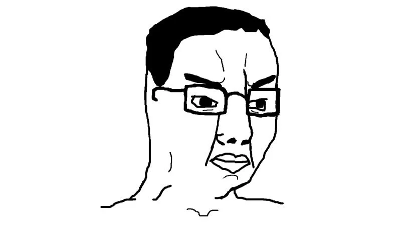 The classic Chudjak wojak, defined by its short dark hair, glasses and permanently scowling expression.