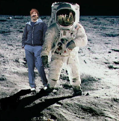 A photoshop edit placing Cigar Guy on the lunar surface alongside an Apollo astronaut.