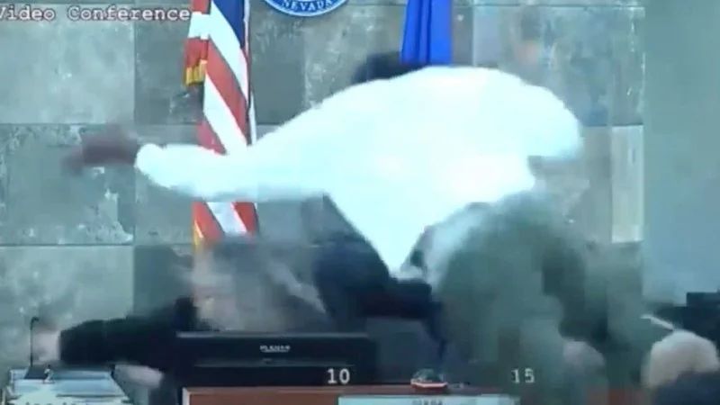 The viral January 2024 courtroom attack leap.