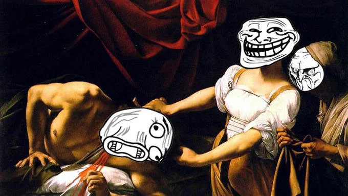 Classical art with meme face character overlays.
