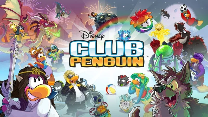 Official Disney Club Penguin key art showcasing the beloved MMO's cast of penguin avatars and colorful puffle companions.