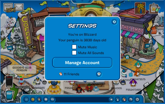 A player's settings screen highlights their long-running penguin account as the community said goodbye to the original Club Penguin in 2017.