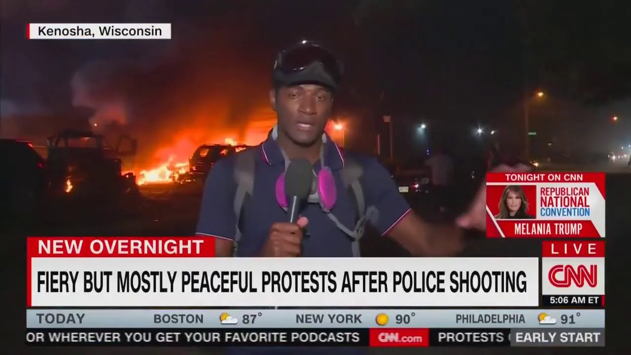 The original August 2020 CNN broadcast from Kenosha, Wisconsin, whose 'Fiery But Mostly Peaceful Protests After Police Shooting' chyron sparked the meme.