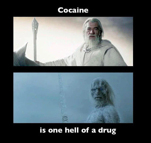 A crossover meme juxtaposing Gandalf the White with a White Walker to riff on the catchphrase.