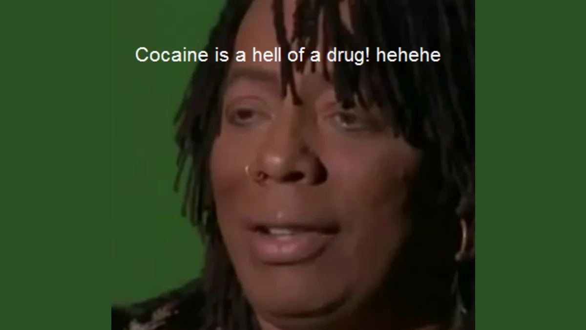 The iconic Rick James Chappelle's Show still that launched the 'Cocaine is a hell of a drug' catchphrase.