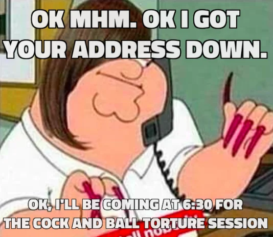 A Family Guy-based image macro joking about scheduling a CBT session over the phone.