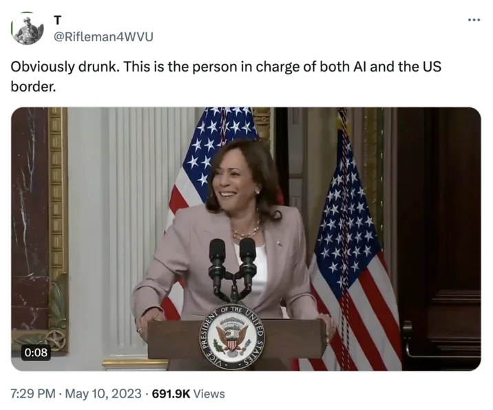 Twitter screenshot: Kamala Harris at podium with critical caption