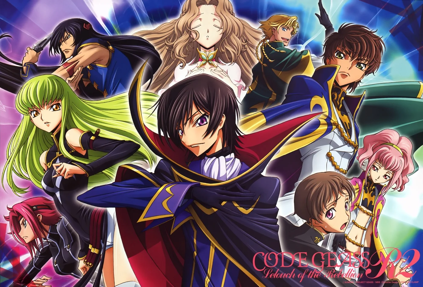 Official key visual for Code Geass: Lelouch of the Rebellion R2, showcasing Lelouch Lamperouge and the ensemble cast of the Sunrise anime series.