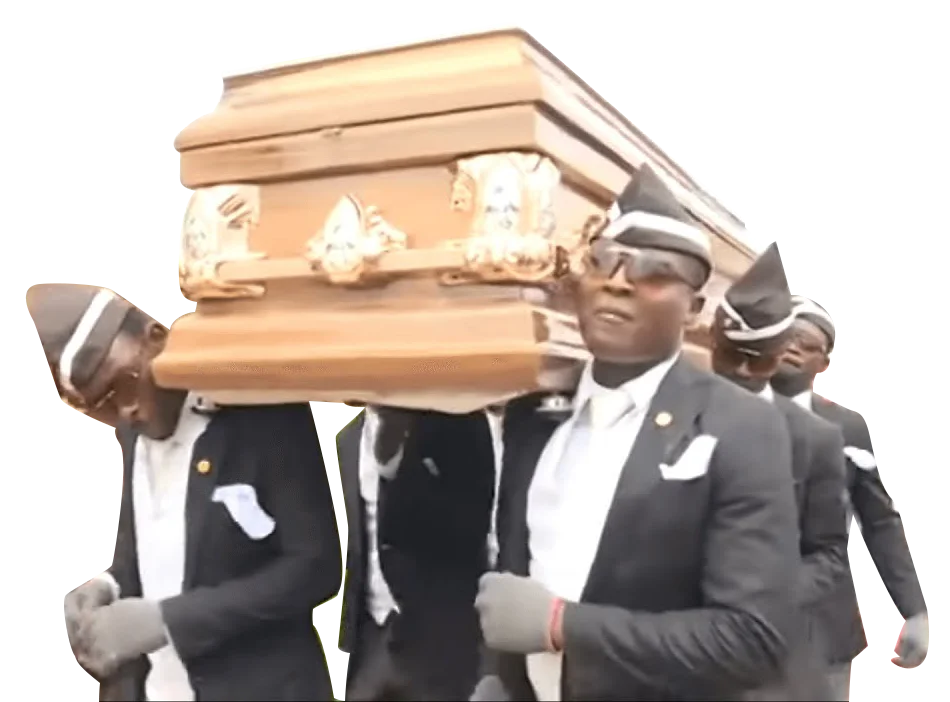 Iconic Coffin Dance with pallbearers and coffin.