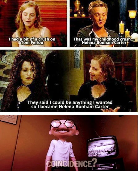 A Harry Potter fan meme combining cast interview clips with the 'Coincidence? I think not!' Bernie Kropp reaction.