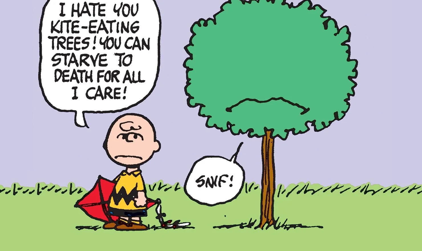 Charles M. Schulz's Peanuts, one of the most iconic newspaper comic strips of all time, featuring the recurring gag of Charlie Brown battling the kite-eating tree.