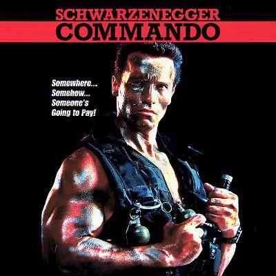 The theatrical poster for Commando (1985), the Arnold Schwarzenegger action film that spawned a long-running Japanese internet meme culture.
