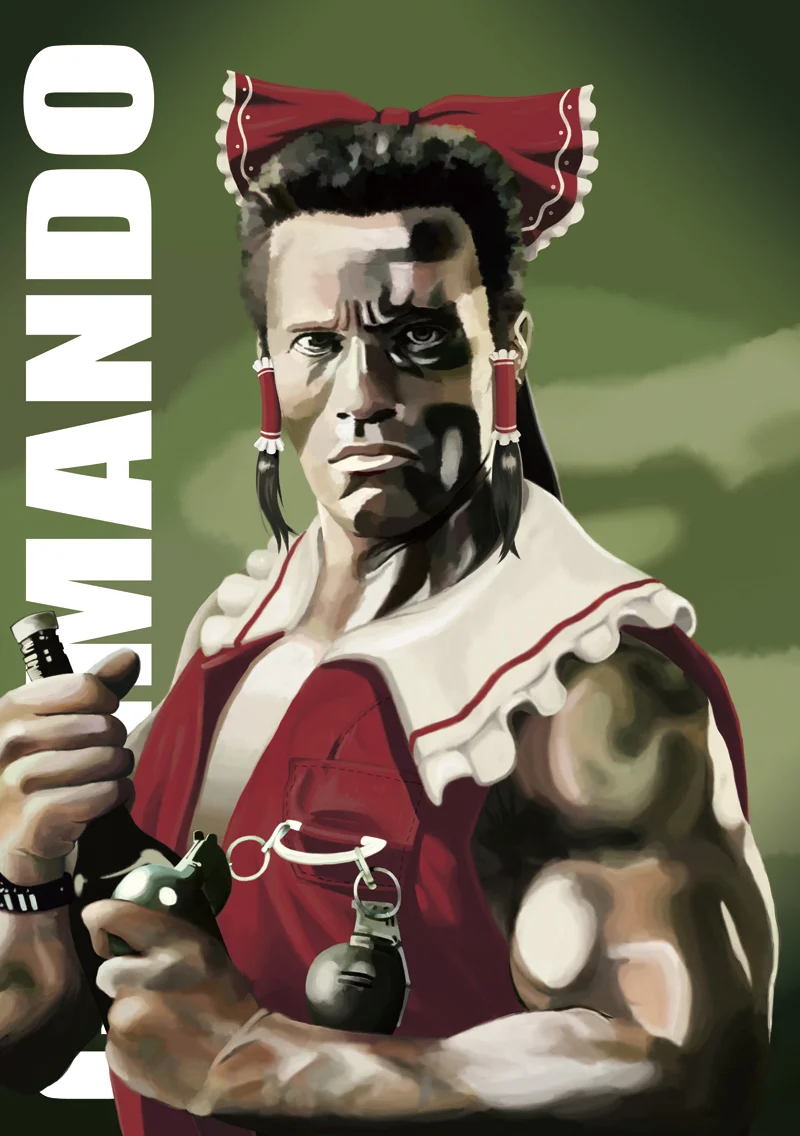 A fan-art riff on the Commando poster dressing Matrix in a red frilled outfit and bow — the kind of absurd character mashup the Japanese meme culture regularly produces.