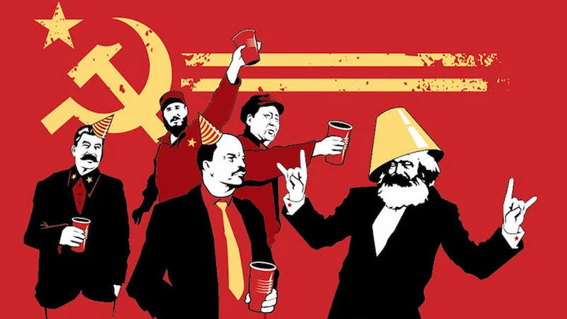 A stylized illustration depicting iconic communist figures partying together, frequently used as a header image for jokes and memes about communism.