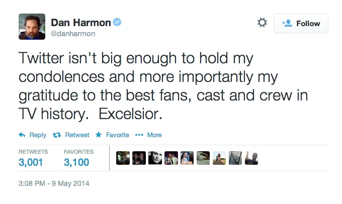 Community creator Dan Harmon's farewell tweet to fans, cast, and crew after NBC canceled the show in May 2014.