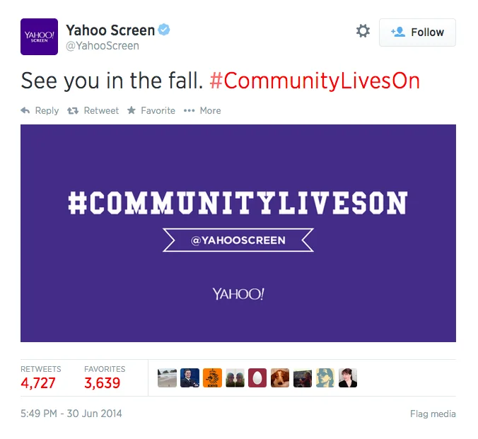 Yahoo Screen's announcement that Community would be revived for a sixth season after NBC's cancellation.