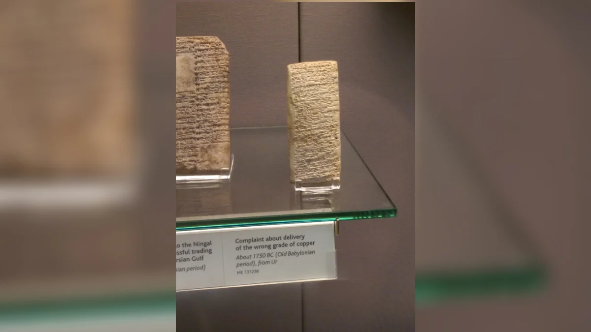 The complaint tablet to Ea-nasir on display at the British Museum, labeled as a complaint about the delivery of the wrong grade of copper from around 1750 BC.