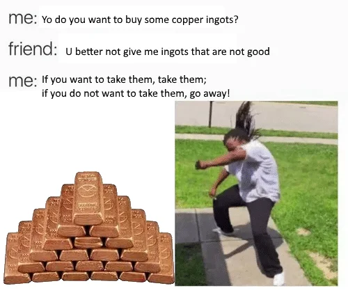 A text-exchange format meme reimagining the Ea-nasir copper dispute as a modern conversation, paired with the 'angry running girl' reaction.