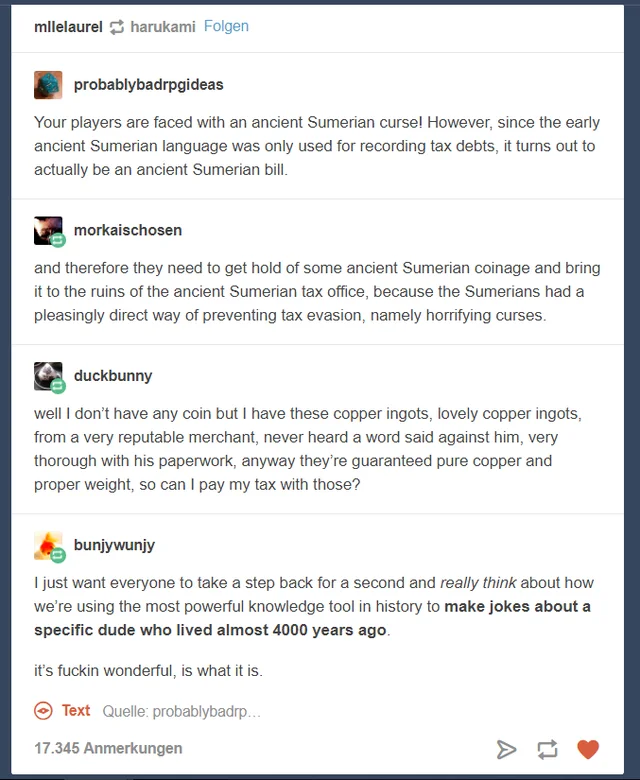 A Tumblr thread riffing on Sumerian tax tablets and sarcastically vouching for Ea-nasir's 'reputable' copper ingots.