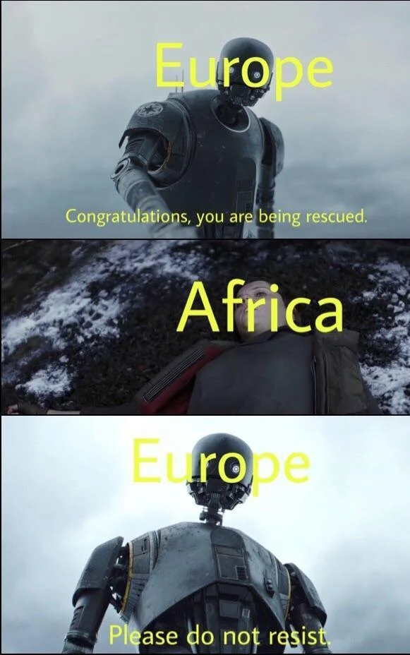 A variant commenting on European colonization of Africa using the K-2SO rescue template.