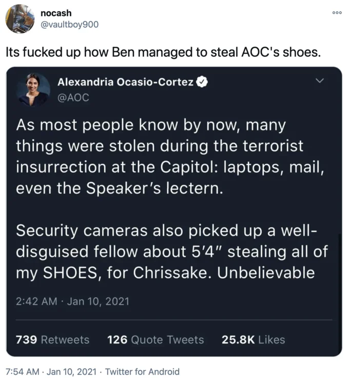 Ben Shapiro shoe theft joke.