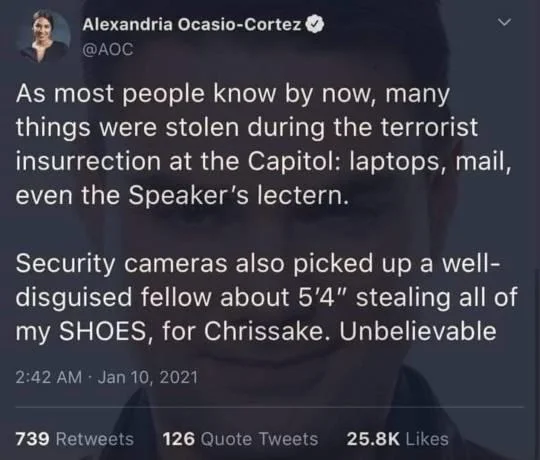 AOC items theft tweet with shoe mention.