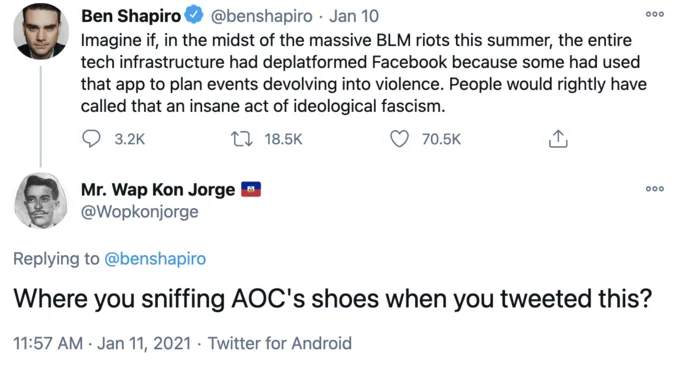 Replies with sniffing joke about shoes.