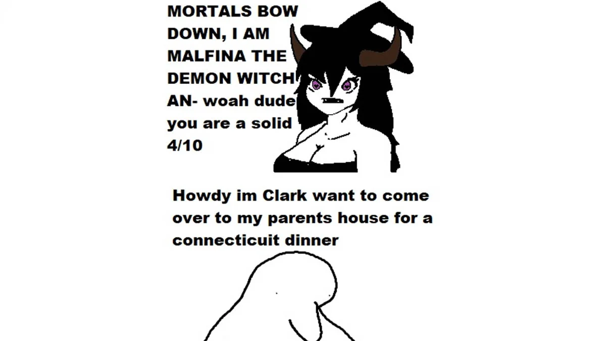 The header image introducing the Connecticut Clark meme, contrasting Malfina the Demon Witch's theatrical entrance with Clark's earnest Connecticut dinner invitation.