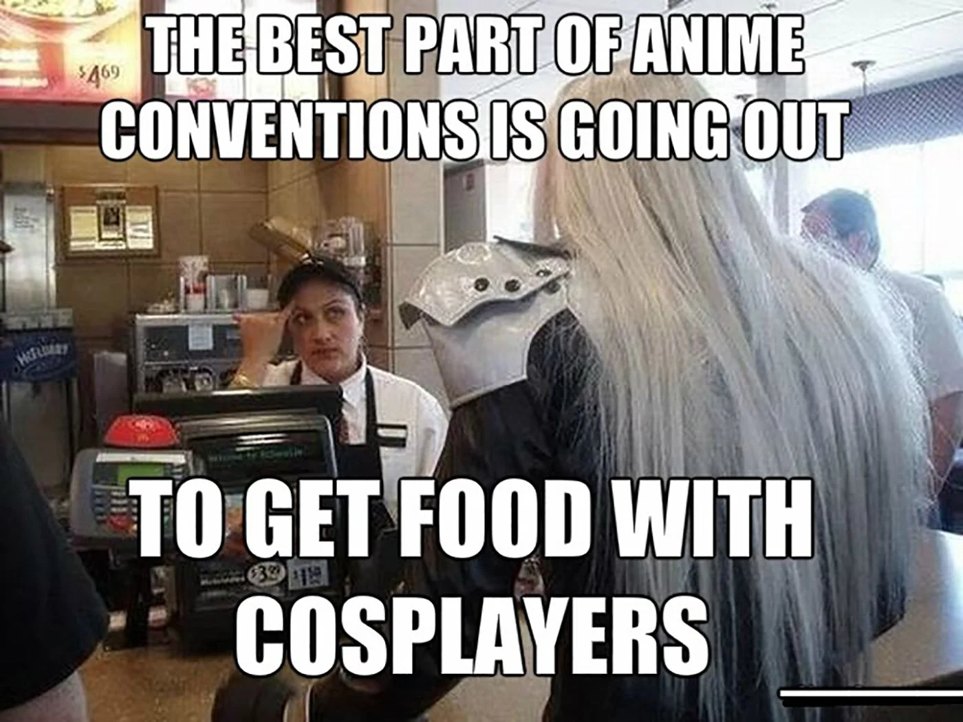 Person in casual setting with cosplayer visible, text about best part of anime conventions being with cosplayers