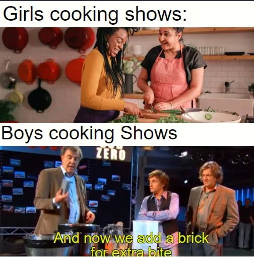 Girls versus boys cooking show style comparison meme.