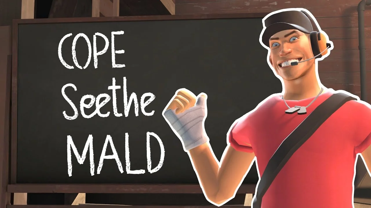 Scout presents the Cope and Seethe meme on a chalkboard.
