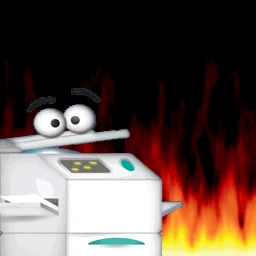 Coppy set against dramatic flames for comedic intensity.