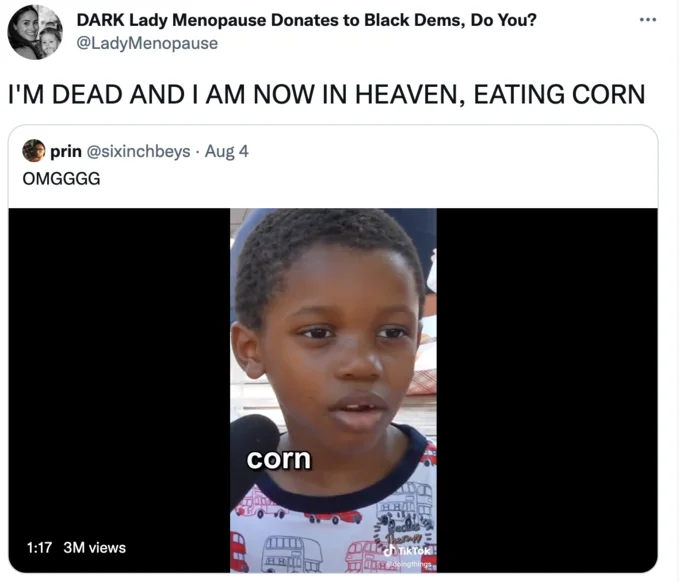 A Twitter reaction quotes the original Recess Therapy TikTok clip of Tariq saying 'corn,' illustrating the widespread enthusiastic response the meme received online.