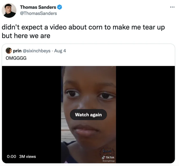 Content creator Thomas Sanders tweets an emotional reaction to the Corn Kid's viral TikTok, one of many celebrity and fan responses that helped spread the meme.