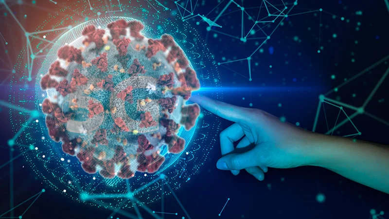Digital illustration of the debunked coronavirus 5G conspiracy theory.