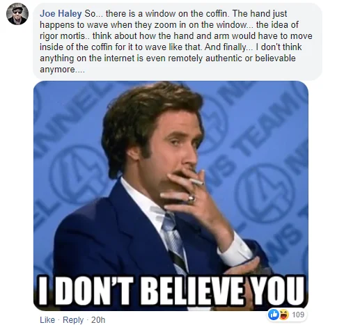 Online debate about the coffin wave video with skeptical reaction meme.