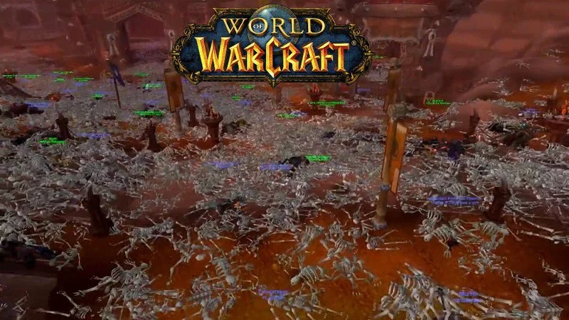 The aftermath of the Corrupted Blood incident in World of Warcraft, with player character skeletons piled throughout a major city.