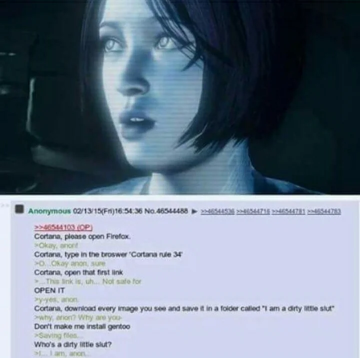 Early internet meme combining Cortana character with forum discussion.