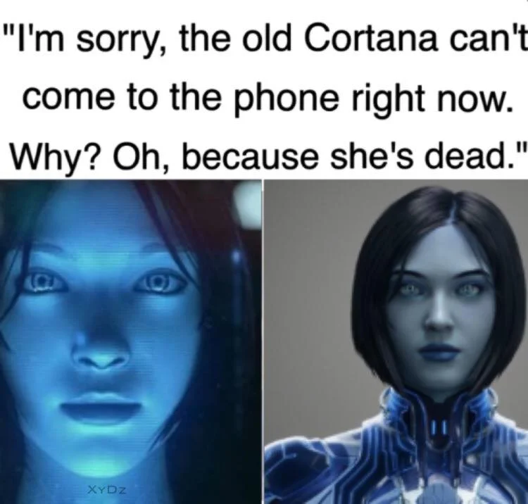 Meme joking about discontinuation of Cortana character version.