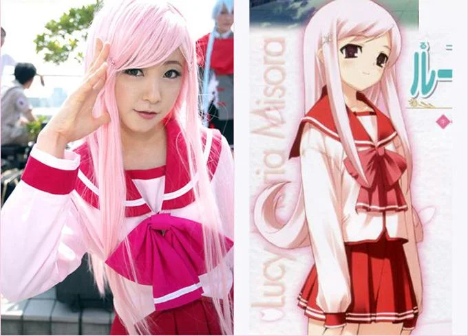 A cosplayer recreating an anime character's schoolgirl outfit alongside the original reference art.