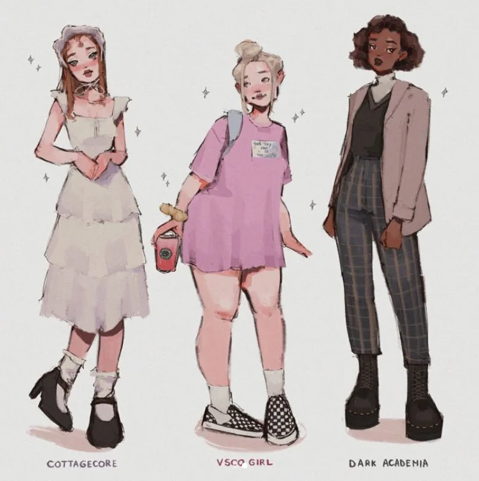 Cottagecore aesthetic compared with other trending character styles.