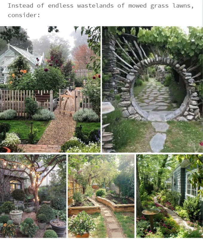 Cottagecore garden design guide promoting cottage gardens over lawns.