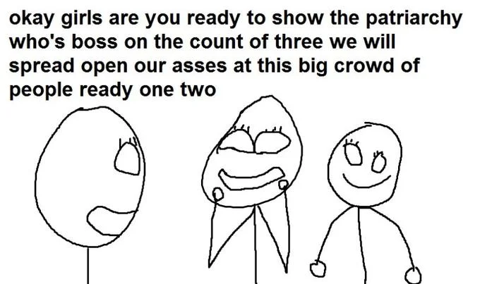 A counter-signal parody caricaturing the strawman-feminist meme, exaggerating anti-feminist framing to absurdity.